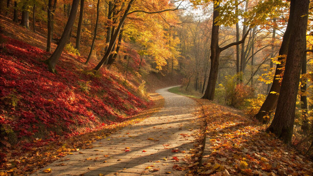 Autumn forest path scenic landscape fall foliage trees nature trail outdoor walk beautiful season scenery