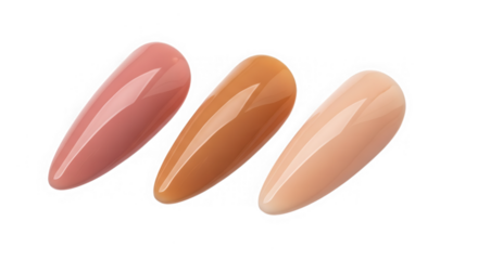 Three almond shaped gel nail polish swatches isolated on transparent background