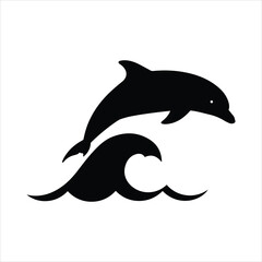 A playful dolphin leaps from a crashing wave in a simple black silhouette