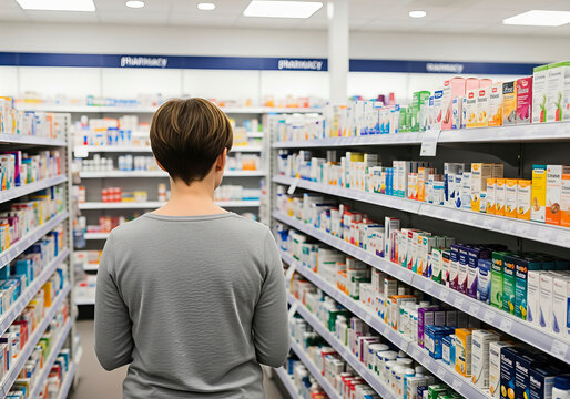 Woman browsing at pharmacy in aisle with medicines. A focused shot conveying health and wellness. . Pharmaceutical industry, medicine shopping, healthcare concept.