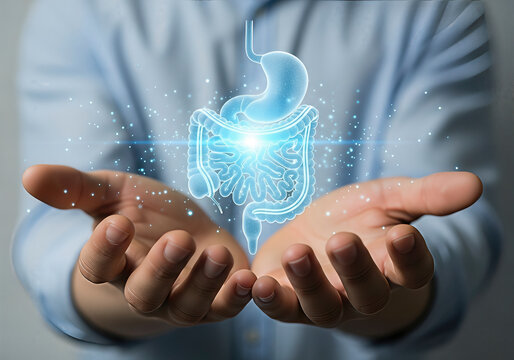 Human hands holding a glowing digestive system. A medical illustration promoting health and wellness. Gut microbiome, intestinal flora, healthcare.