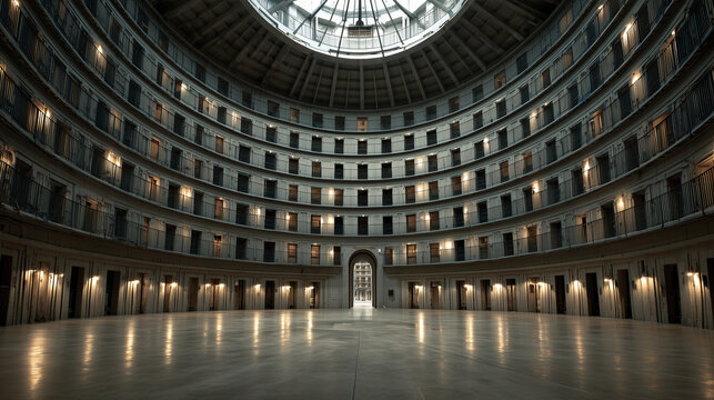 The architectural concept of Foucault's Panopticon, a circular prison built for constant surveillance.