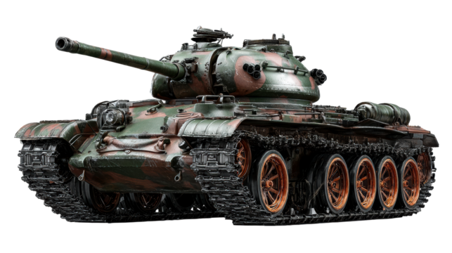 Military tank with camouflage paint and copper wheels on transparent background
