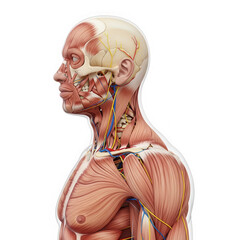 Human anatomy of head neck and shoulder muscles isolated on transparent background
