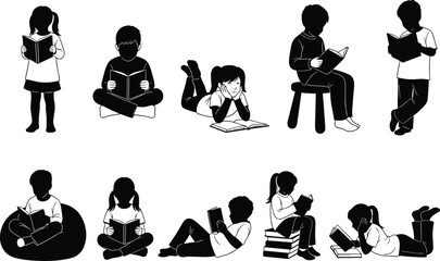 Children reading book silhouettes set, kids sitting, standing, and lying down with books, studying or relaxing, black vector illustration, education and learning concept