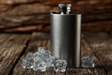 Stainless steel hip flask stands with melting ice cubes on a rustic wooden surface