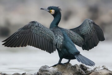 Dark bird with outstretched wings on rocks