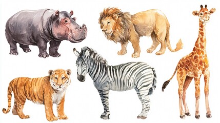 Obraz premium Professional Safari Animal Set with Hippopotamus, Elephant, Lion, and Giraffe in Realistic 3D Rendering