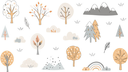 Illustration of a whimsical forest scene with trees mountains clouds and a small rainbow design element