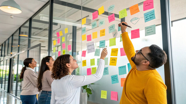 Project planning meeting brainstorming strategy collaboration teamwork sticky notes agile method 100 char