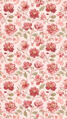 Seamless Dusty Rose Floral Pattern with Soft Green Leaves on Subtle Textured Background