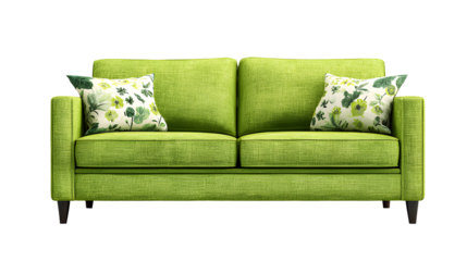 A green sofa featuring two pillows placed with isolated on a transparent  background.