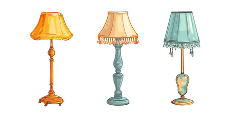 Three vintage-style table lamps with colored shades