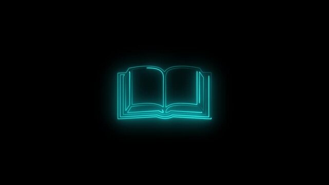 Abstract documents uploading. Neon cyan  color line art concept of paper, document. Book symbol concept on  black background. 
