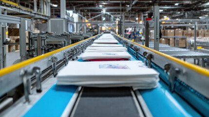 Fototapeta premium Automated conveyor belt transporting neatly folded T-shirts through an industrial packaging line in a textile manufacturing facility