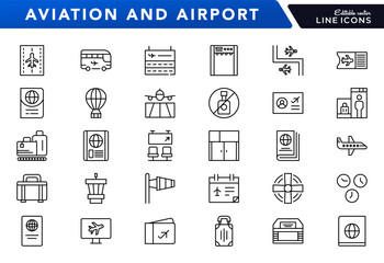Aviation and airport linear icon set. Airplane, airline, pilot, control tower, travel, boarding pass, flight, luggage, jet, runway, navigation, air traffic vector icon set. UI thin line icon pack