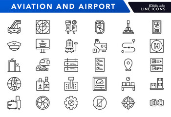 Aviation and airport linear icon set. Airplane, airline, pilot, control tower, travel, boarding pass, flight, luggage, jet, runway, navigation, air traffic vector icon set. UI thin line icon pack