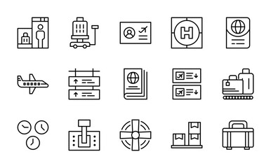 Aviation and airport linear icon set. Airplane, airline, pilot, control tower, travel, boarding pass, flight, luggage, jet, runway, navigation, air traffic vector icon set. UI thin line icon pack