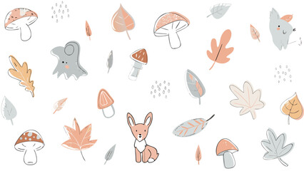 Delicate autumn pattern featuring mushrooms leaves ghost fox and raindrops in pastel colors for a whimsical feel