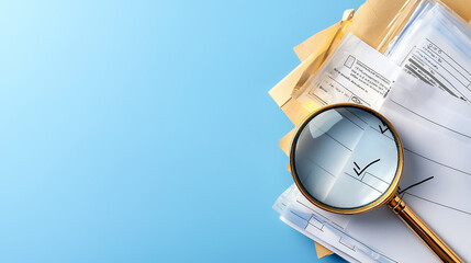 Documents magnifying glass checkmark organization paperwork office supplies analysis inspection blue background clarity