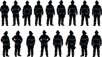 Firefighter silhouettes set, men and women in firefighting uniform, helmet and protective gear, various standing poses, black vector illustration, emergency service concept