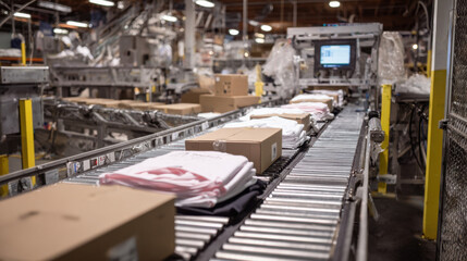 Clothing boxes and folded shirts move along an automated conveyor belt in a busy factory packaging line