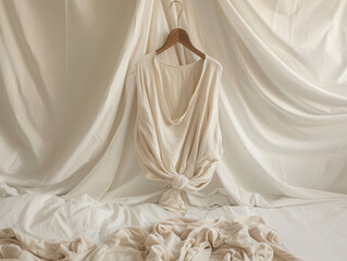 Cream shirt hanging on a wooden hanger with draped fabric and rumpled fabric on a bed in a studio