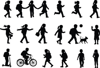 Children silhouettes set, kids walking, running, playing, riding bike and scooter, with backpacks, isolated black vector illustration, school and outdoor activity concept