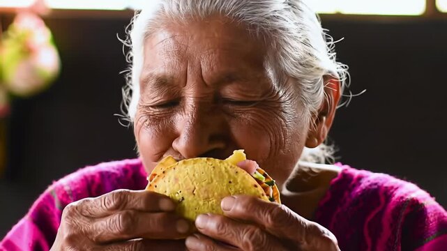 Joyful elderly Mexican woman savoring a soft shell taco in traditional rebozo, heartwarming moment in a cozy setting
