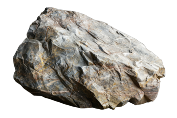 Close-up of a rough, irregular rock.  Natural stone with a mottled gray and beige veining pattern.  Uneven texture and surface.  Solid, weighty appearance