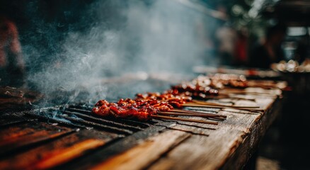 Grilled skewers, smoky, outdoor cooking