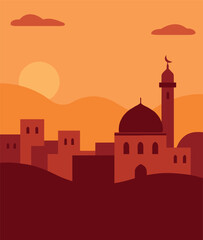 Silhouette of mosque in the sunset