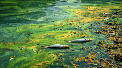 Fototapeta premium Dead fish floating in polluted algae-covered river water