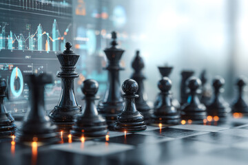 Strategic chess game with digital analytics backdrop