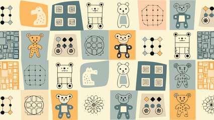 Assorted grid of teddy bears geometric shapes and abstract animal drawings in a playful arrangement