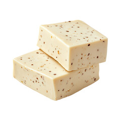 Two blocks of creamy herb cheese stacked high isolated on transparent background cutout