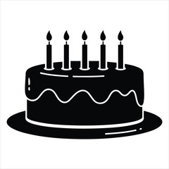 A festive birthday cake with lit candles in a bold black silhouette