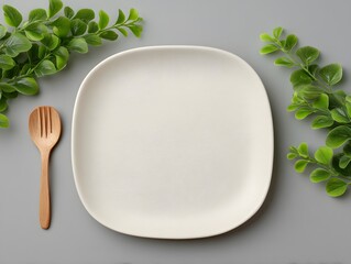 Minimalist table setting with an empty cream crackle-glaze plate wooden spork and green leaves.