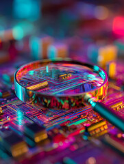 Fototapeta premium Close-up of a magnifying glass examining a colorful computer circuit board with vibrant neon lighting