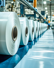 Rolls of manufactured plastic film in a high-tech production facility