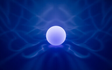 Luminous orb floating on blue wavy background sphere