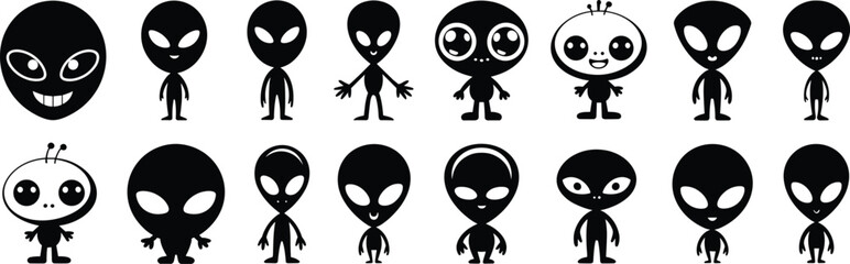 Cartoon alien character illustrations, unique extraterrestrial designs, big eyes, antennas, silhouettes, expressive faces, vector icons, sci-fi creature art