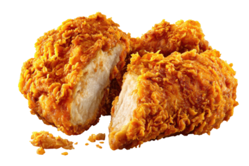 Two pieces of crispy fried chicken, cut in half, displaying a golden-brown, flaky crust and moist, white meat interior.  A scattering of crumbs is visible beneath