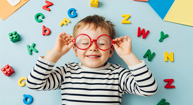 Smiling boy with red glasses lying on a blue background with colorful letters and blocks. Cheerful close-up shot of a child's joy and curiosity. Early learning, kids education, childhood development.