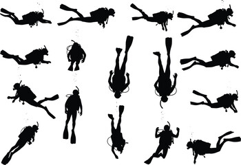 Scuba divers silhouettes set, underwater swimming and exploring, snorkeling gear, flippers and oxygen tanks, isolated black vector illustration, diving poses © Lotus