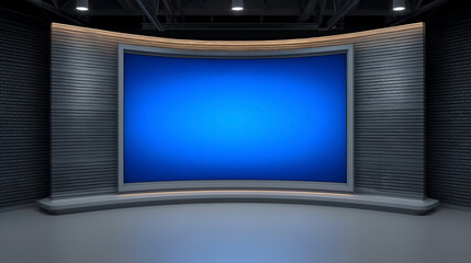 Modern digital television news studio set with curved blue screen background and sleek contemporary interior stage design