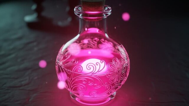 Enchanting pink potion in a beautifully etched glass bottle, glowing softly on a dark surface