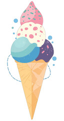 Colorful ice cream cone with three scoops of pastel-toned ice cream
