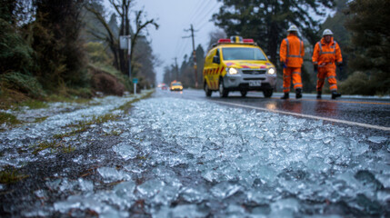 Obraz premium Emergency crew in orange suits clear hail-covered road after severe storm