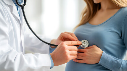 Doctor examines pregnant woman with stethoscope during prenatal checkup